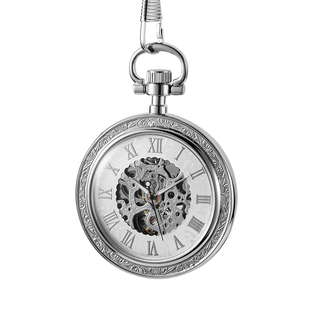 Black Retro Mechanical Hand Wind Antique Pocket Watch Exquisite Men Roman Numerals Display Skeleton Pendant Clock Gifts Elder