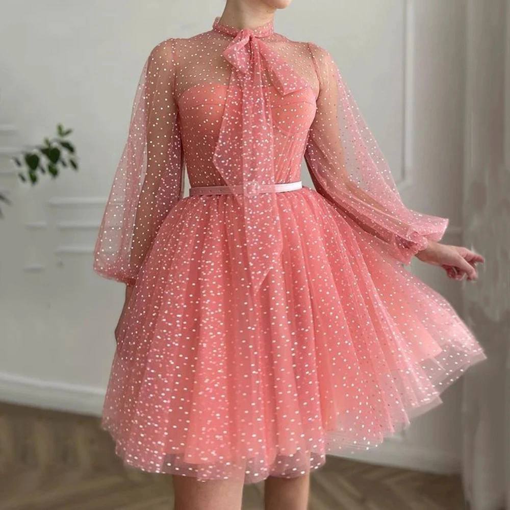 

Charming Graduation Dresses Tulle Pleat Sashes High Collar Full Sleeve Zipper Ball Gowns Novia Do 2021 Party New