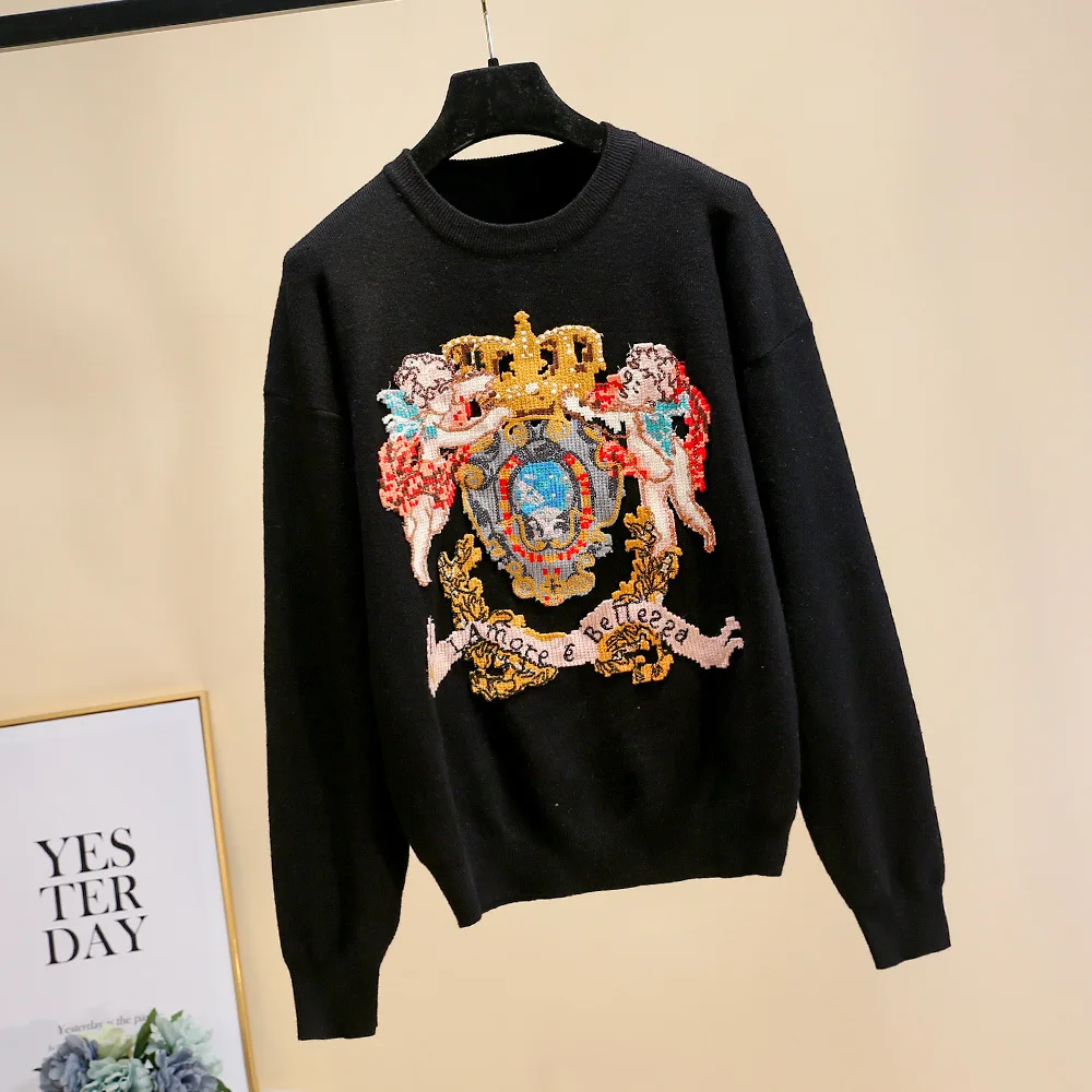 

Fashion High Quality Embroidery Cartoon Pattern Sweaters Women Autumn Winter Loose Basic Pullovers Feminine Party Elegant Tops