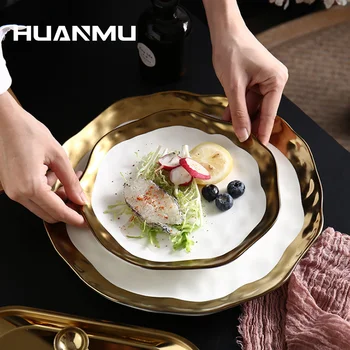 

Ceramic Inlaid Golden Steak Plate Ripple Western Kitchen Utensils Tray Display Creative Decoration Tableware Dishes