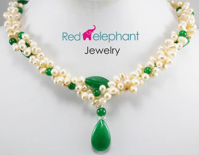 Free shopping! Genuine Fresh water Light Pink Pearl Necklace Green/Red Jade Pendant