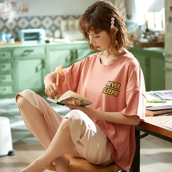 

Pajamas Women's Summer Short-sleeved Capri Pants New Style INS Casual GIRL'S Korean-style Pullover Homewear Set LM Collection