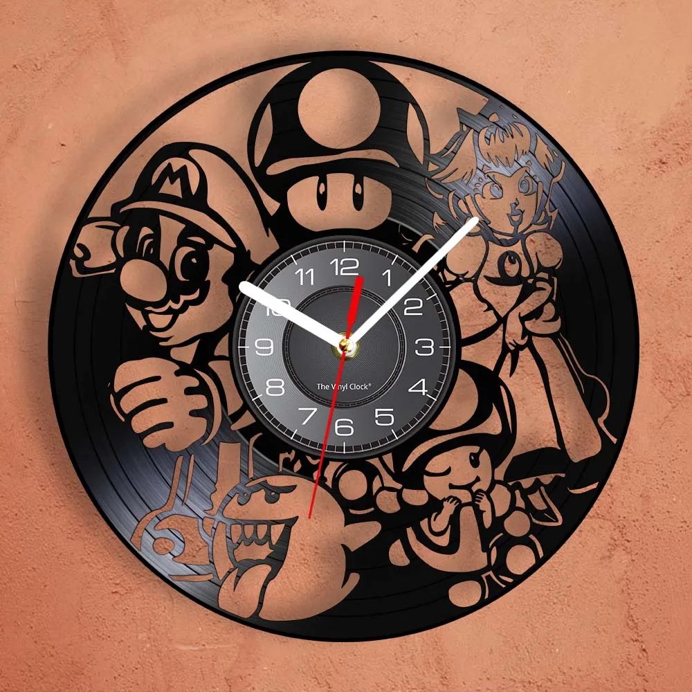 Video Game Inspired Vinyl Record Clock Princess & Mr. Mario WIth Magic Mushrooms Longplay Record Wall Watch Silent Hanging Decor wall clock for living room