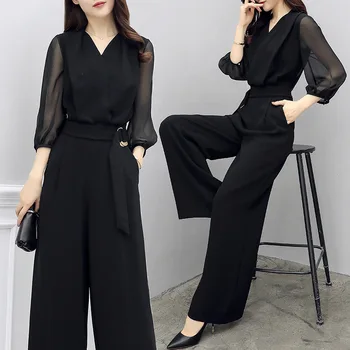 

Women Elegant Rompers Fashion High Waist Black Slim Wide Leg Black Jumpsuit