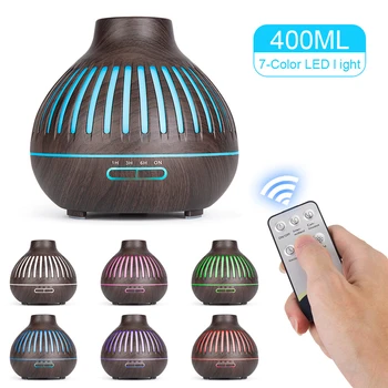 

400ML Wood Grain Air Humidifier Remote Control Ultrasonic Essential Aromatherapy Diffuser 7 Colors LED Light for Office Home