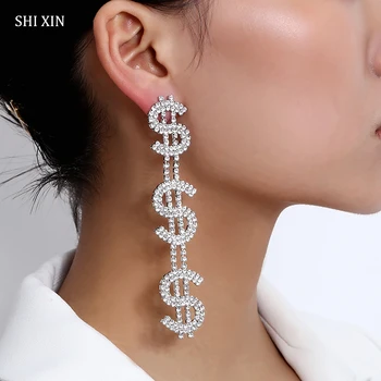 

SHIXIN Shiny Full Rhinestone US Dollar Charms Dangle Earrings for Women Long Crystal Money Sign Drop Earrings Statement Jewelry