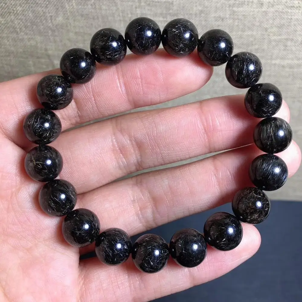 

10.2mm Genuine Natural Black Silver Titanium Crystal Women Men Rutilated Quartz Bracelet Round Beads Reiki Stone Brazil AAAAA