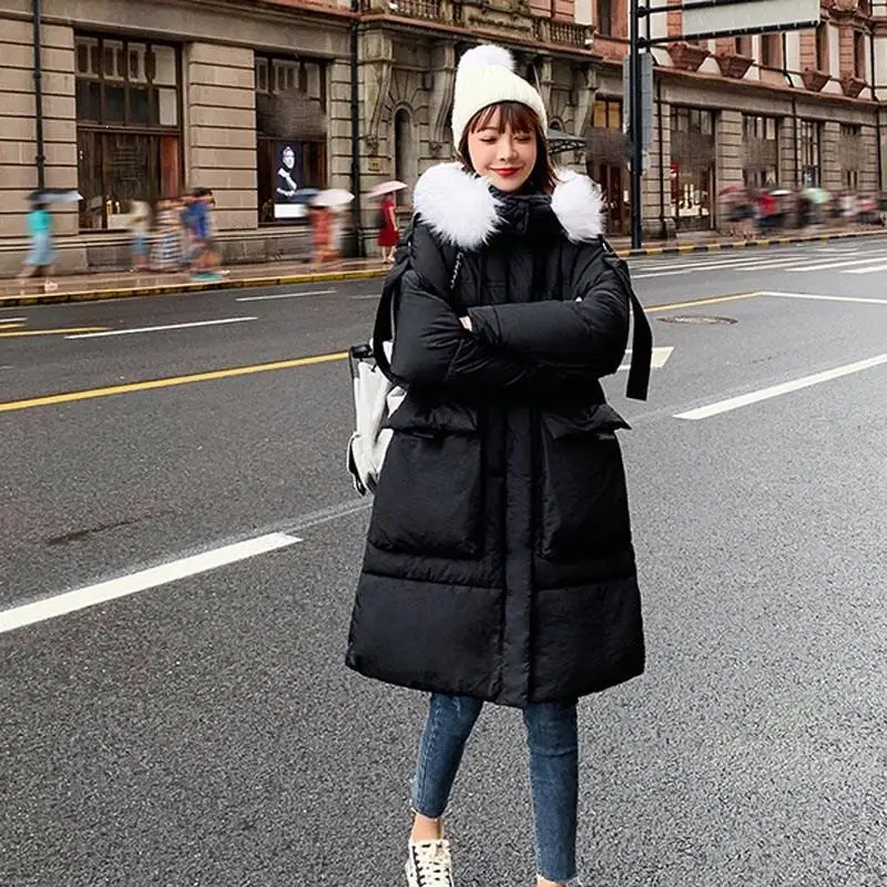 Элегантный пуховик Стеганое пальто Для женщин Повседневное с капюшоном, карманами, на молнии Длинная пуховая хлопковая куртка размера плюс одноцветная утепленная куртка