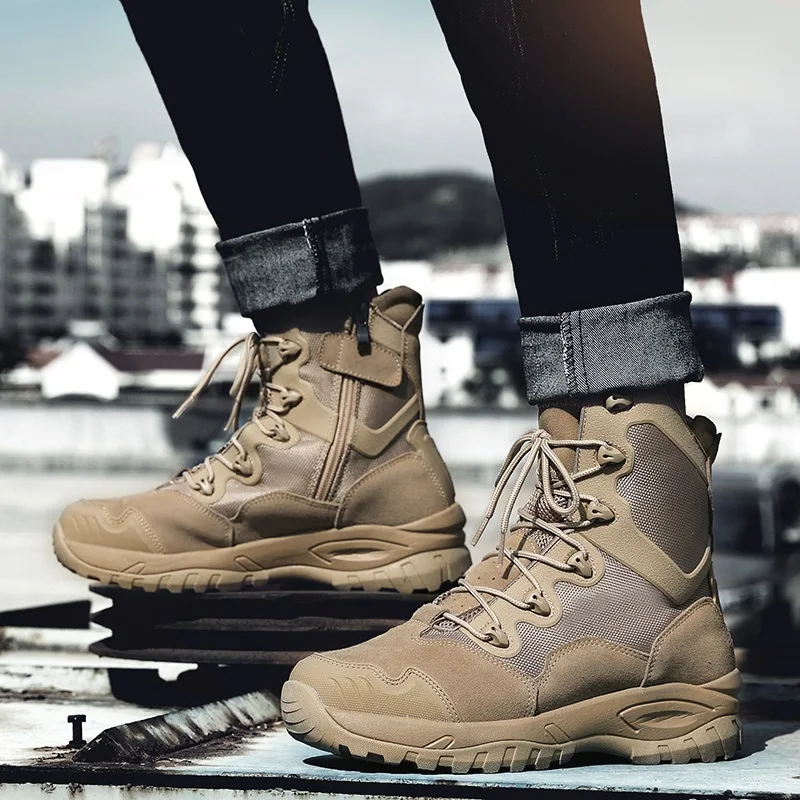 Весенне-осенние мужские сетчатые ботинки из натуральной кожи в стиле пэчворк с перекрестной шнуровкой, военные сапоги для пустыни, зимние мужские короткие рабочие ботинки для верховой езды