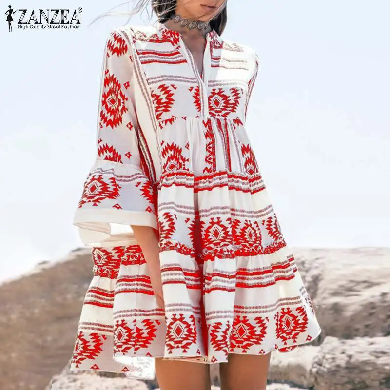 Винтажное женское платье повседневное свободное Расклешенное мини-платье Vestidos ZANZEA богемные пляжные вечерние летние сарафаны кафтан халат Femme