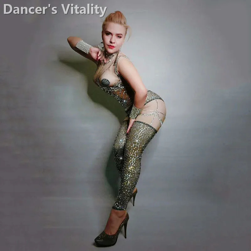 Сияющий Горный Хрусталь Печатный Комбинезон Sexy Dancer Певица Леггинсы Костюм Цельный Боди Ночная одежда Партии Wear Сексуальное Платье