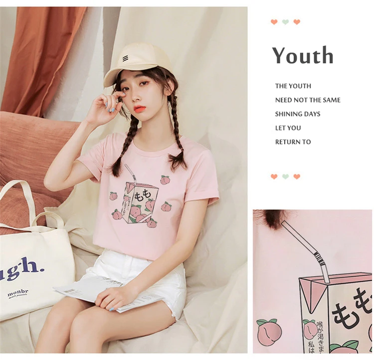 Summer New Pink Fashion Korean Style Women's Japanese Peach Juice Drink Print Harajuku Vogue Casual Loose Kawaii Female T Shirt