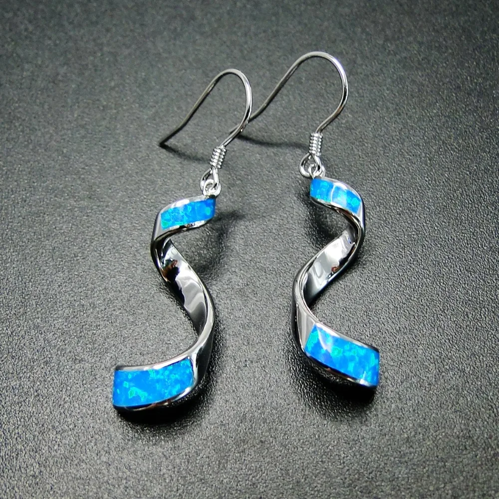Real 925 Sterling Silver Blue Fire Opal Wave Drop Earrings for Women Party Jewlry