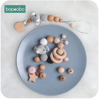 

Bopoobo Wood Crochet Elephant Bang 5PCS Wooden Teether Toys Baby Cotton Towel DIY Wood Pacifier Chain For Nursing Baby Products
