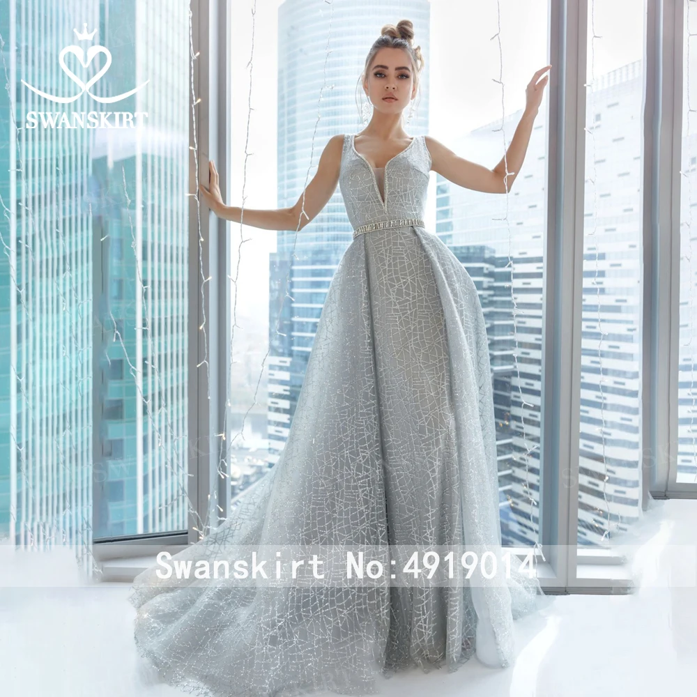 Модное вышитое бисером свадебное платье Swanskirt K333 с v-образным вырезом и поясом со съемным шлейфом вечерние свадебные платья на заказ Vestido de novia