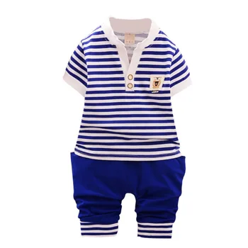 

Summer Kids Baby Boys Casual Striped Short Sleeve Tee Tops + Elastic Band Pants Children Sport Suits Girls Clothing