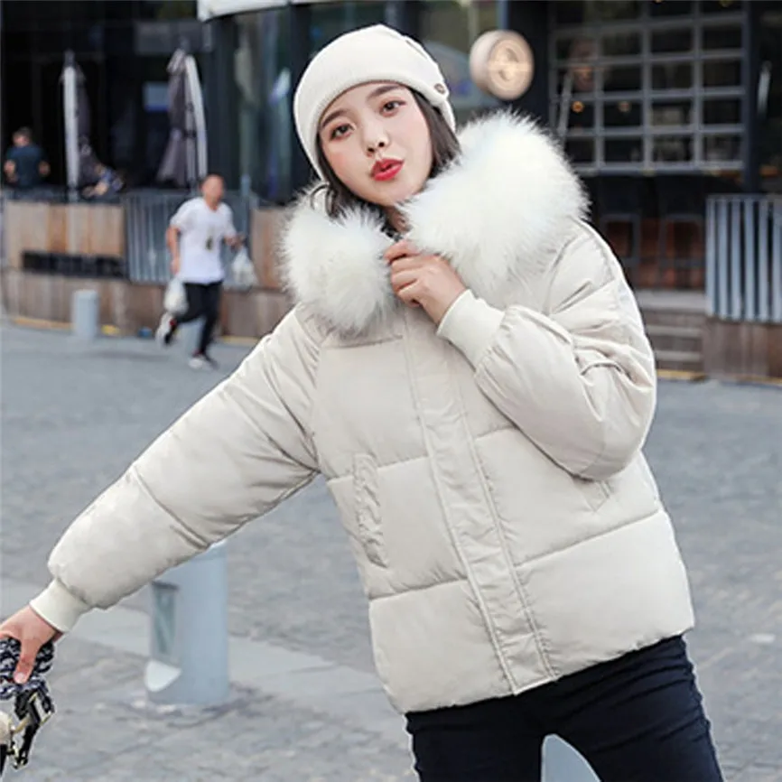 Зимняя парка с капюшоном, Женская Большая пуховая хлопковая куртка с искусственным мехом, пальто для девушек, теплое Свободное пальто с хлопковой подкладкой, женское короткое пальто