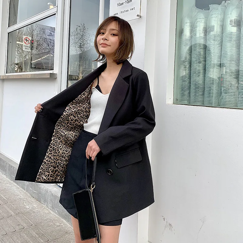 

Online Celebrity South Korea 2019 Spring And Summer Double Breasted Stripes Leopord Pattern juan bian xiu CHIC Loose-Fit Fold-do