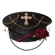 Gothic Women Military Hat Spring Autumn Cross Beading Lolita Sailor Hats Black Ladies Flat Top Caps