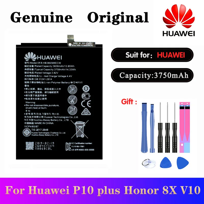 

5pcs/lot Original HuaWei P10+ Battery HB386589ECW 3750mAh For Huawei P10 plus Honor 8X View 10 V10 BKL-L09 BKL-AL20 BKL-AL00