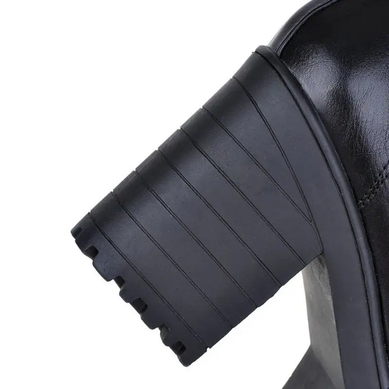 RIZABINA Women Mid Calf Boots Winter Keep Warm White Shoes Women Square Heels Cross Strap Platform Footwear Female Size 33-43