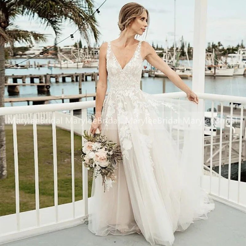 Boho Trouwjurk 2020 Applicaties Met Tulle Backless A-lijn Bruidsjurken Custom Made White Beach Bridal Dress Vestido De Noiva Boho Trouwjurk 2020 Applicaties Met Tulle Backless A-lijn Bruidsjurken Custom Made White Beach Bridal Dress Vestido De Noiva
