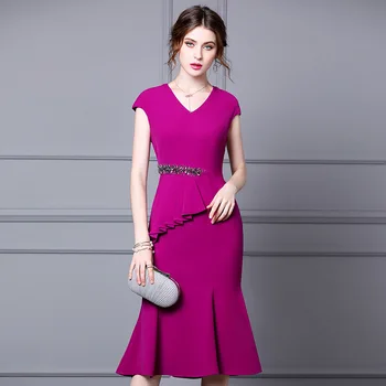 

women solid color Dress 2020 New Style Summer Wind V-neck Purple Flounced Mid-length female vintage Dress