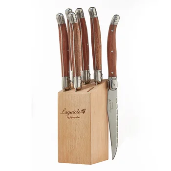 

6pcs Laguiole Style Stainless Steel Steak Knives Wood handle Table Dinner Knife Flatware Dinnerware set in Beach Wood Base 9''