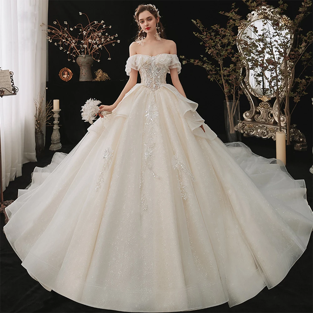 Vestido de Noiva Off The Shoulder Lace Up Back Short Sleeve Shiny Beading Crystal Tulle Princess Ball Gown Wedding Dresses winter wedding dresses