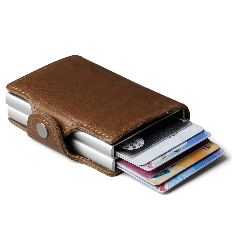 Casekey Anti-theft Men Wallet double Aluminum Leather Credit Card Holder  RFID Metal Wallet Automatic Pop Up Purse ID Cardholder