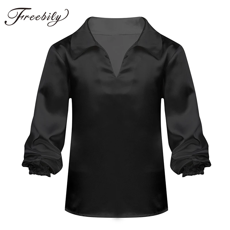 

Kids Boys Dancewear Satin Long Sleeves Spread Collar Pull-on Ballet Tops Jazz Latin Dance Shirt Stage Performance Training Costume