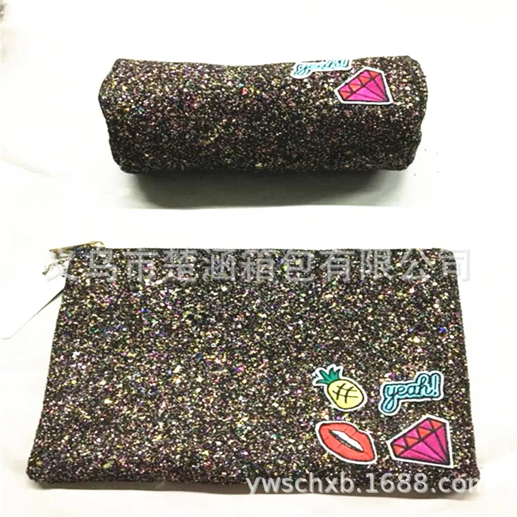 

AliExpress Amazon Hot Selling Factory Processing Customizable Gold Powder Gliter Flower Stickers Clutch Pencil Case Cosmetic Bag