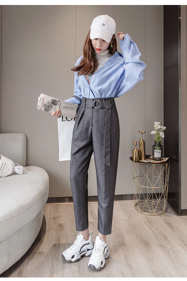 KINOMI Chic, новинка, OL стиль, повседневные, с поясом, высокая талия, прямые брюки, женские, для работы, брюки, винтажные, черные, брюки для офиса