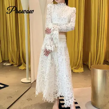 

Runway Design Summer Women White Flare Sleeve Embroidered Lace Hollow Tassles Crop Top High Waist Long Skirt Suit 2020 Clothes