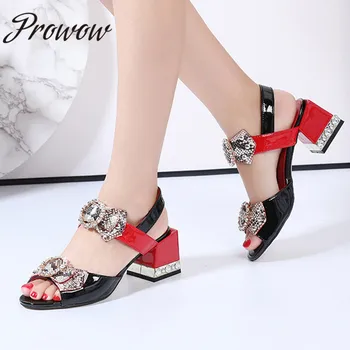 

Prowow New Genuine Leather Snakeskin Bowtie Summer Sandals Open Te Buckle Strap Thick Heel HIgh Heel Sandals Shoes Women