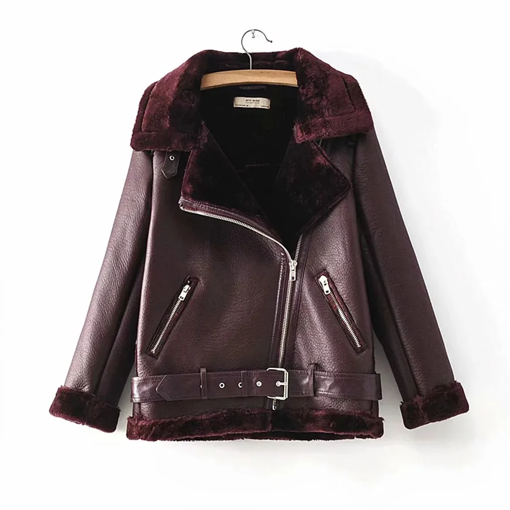 Leather Jacket Women Motorcycle Winter Jacket With Fur Collar Turn Down Collar Plush Jacket Coat Zipperpocket Coat Gh4