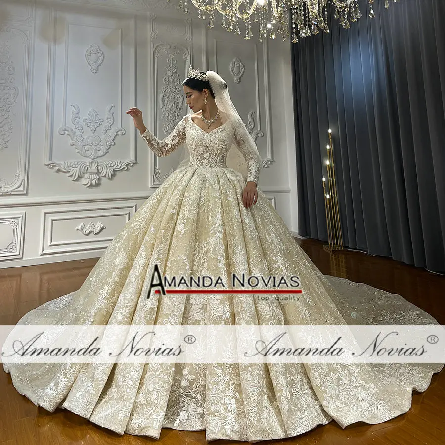 Victorian Style Champagne See-through Bridal Wedding Dresses 2020 Ball Gown  High Neck Puffy Long Sleeve Backless Appliques Lace Beading Glitter Tulle  Cathedral Train