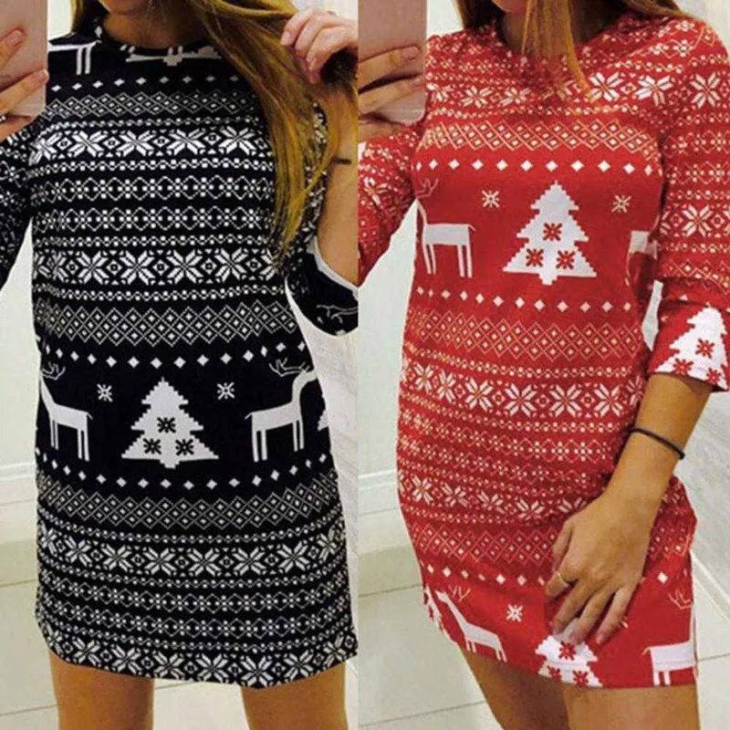 

Women 2019 Bodycon Red Black Mini Dress Causal 1/2 Sleeve Slim Round Neck Deer Christmas Tree Print Party Dress Xmas Dres Robe