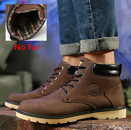 DIJIGIRLS Super Warm Men's Winter Pu Leather Ankle Boots Men Autumn Waterproof Snow Boots Leisure Martin Autumn Boots Shoes Mens - Цвет: no fur brown