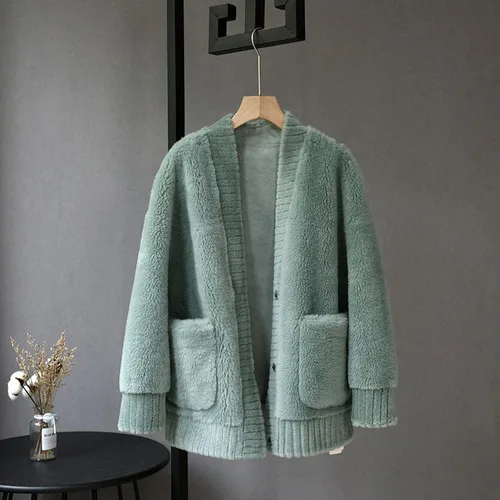 Green Женское пальто с натуральным мехом, осенне-зимняя куртка, Корейская стрижка овец, шерсть, меховые пальто и куртки, женская одежда,, топ Hiver 19062 - Цвет: Green