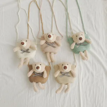 귀여운 곰 소녀 숄더백, 다채로운 밀짚 어린이 메신저 백, 공주 미니 활 핸드백, 크로스바디 동전 지갑