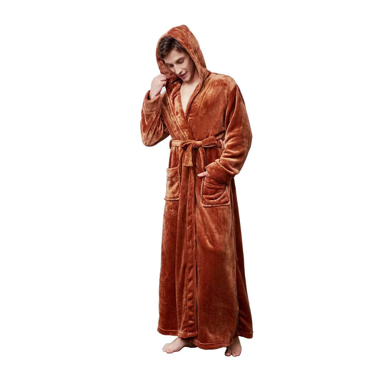 Couple Autumn Winter Long Robe Sleepwear Thick Flannel Hooded Bathrobe Nightgown Warm Coral Fleece Nightdress Plus Size Homewear