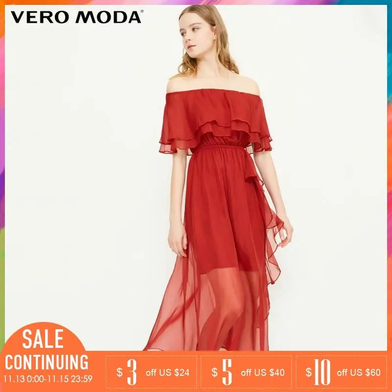 Vero Moda 2019 летнее платье пляжное шифоновое с вырезом лодочкой и оборками |