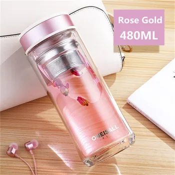 

480mL Glass Water Bottle Double Walled Outdoor Travel Mug Portable Transparent Water Cup With Tea Infuser Large Drink Drinkware