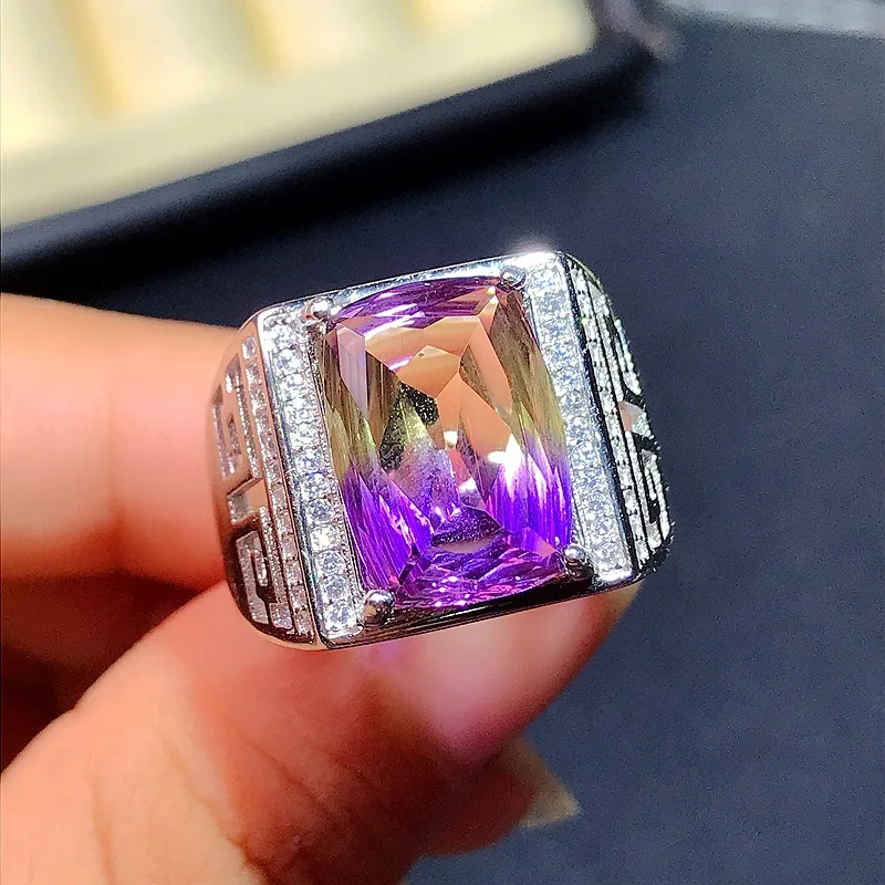 

BOCAI 2021 Trendy 100% Real Pure s925 Silver Jewelry Inlaid With Natural Tanzanite Ametrine 10*14mm Men's Ring Adjustment