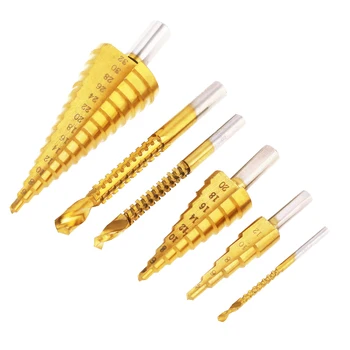 

6pcs Professional Titanium Coated HSS Step Drill Bit And Saw Drills For Metal / Wood Hole Cutter Step Cone Center Drills