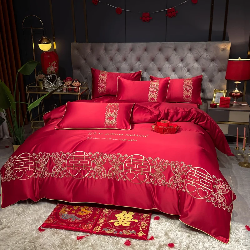Red Wedding Embroidery 60s Satin Washed Silk Bedding Set Cotton Duvet