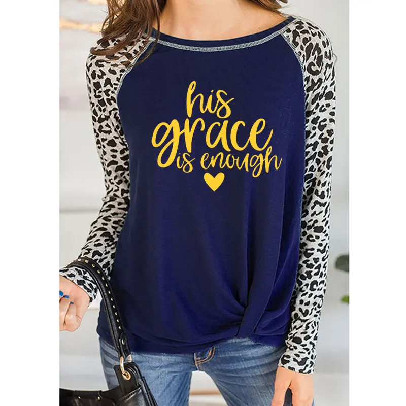 Футболка с надписью his grace is enough, футболка с надписью «Christian jesus», топы с надписью «His Grace is enough», Осенний облегающий Леопардовый топ с круглым вырезом - Цвет: 9