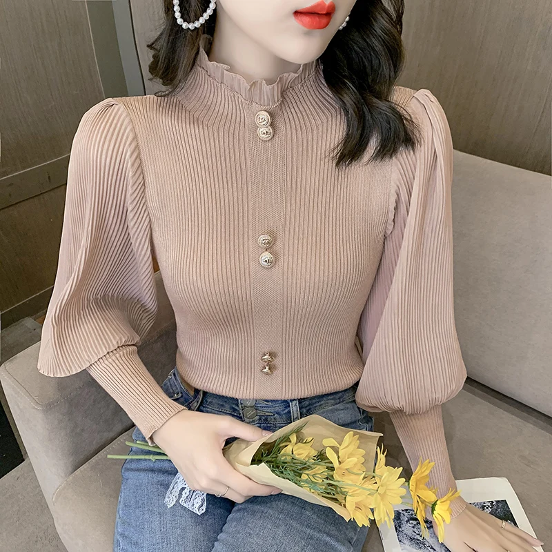 Patched Full Chiffon Lantern Sleeve Knitted Sweaters Jumpers Crop Tops Girls Turtleneck...