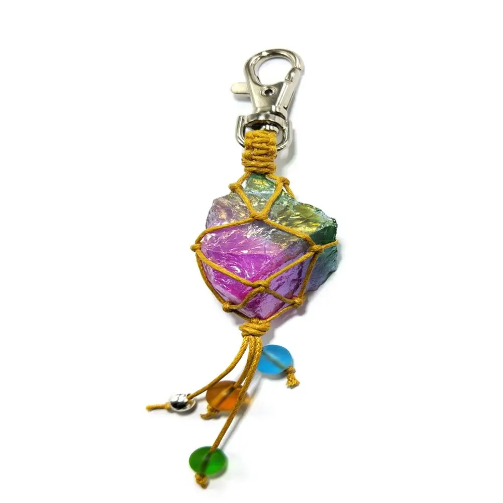 

Natural Crystal Irregular Colorful Rainbow Stone Quartz Gold Plated Chakra Rock Keychain Women Fashion Jewelry Gift